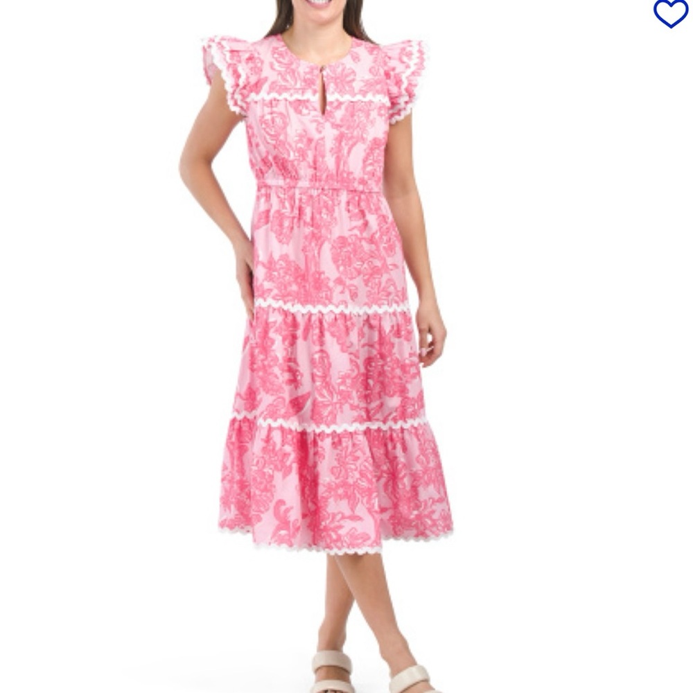NWT Sail to Sable Pink & White Ric Rac, Flutter Sleeves MIDI Dress